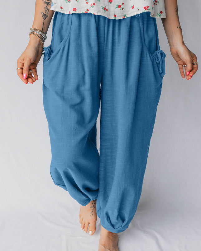 Prussian Blue Smocked Waist Casual Jogger Style Pants