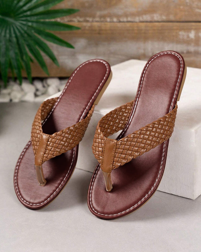 Chestnut Braided Strap PU Leather Flip Flop