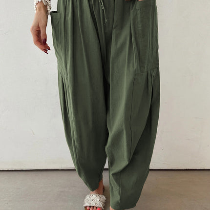 Black Drawstring Elastic Waist Patch Pocket Barrel Leg Casual Pants