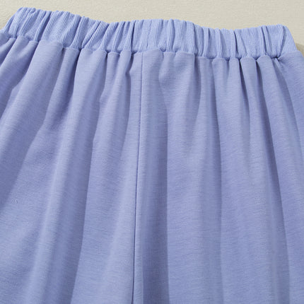 Beau Blue Flounce Long Sleeve Top Drawstring Pants Contrast Velvet Bow Knot 2pcs Lounge Set