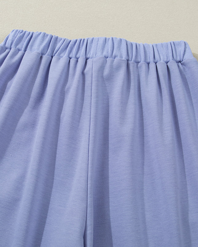 Beau Blue Flounce Long Sleeve Top Drawstring Pants Contrast Velvet Bow Knot 2pcs Lounge Set