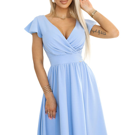 425-12 MATILDE Dress with a neckline and short sleeves - light blue