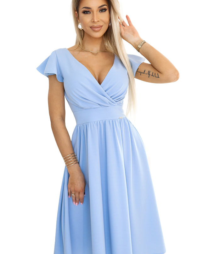 425-12 MATILDE Dress with a neckline and short sleeves - light blue