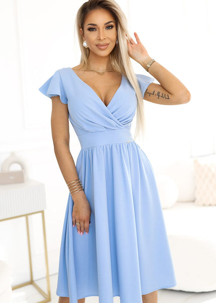 425-12 MATILDE Dress with a neckline and short sleeves - light blue