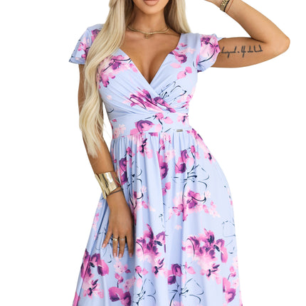 425-14 MATILDE Flared midi dress with wrap neckline and short sleeve - blue with pink flowers