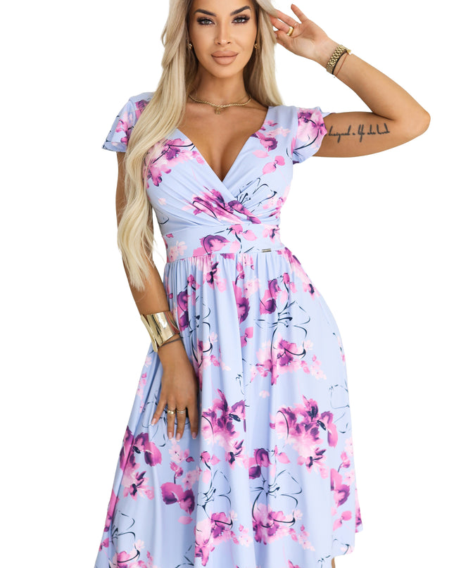 425-14 MATILDE Flared midi dress with wrap neckline and short sleeve - blue with pink flowers
