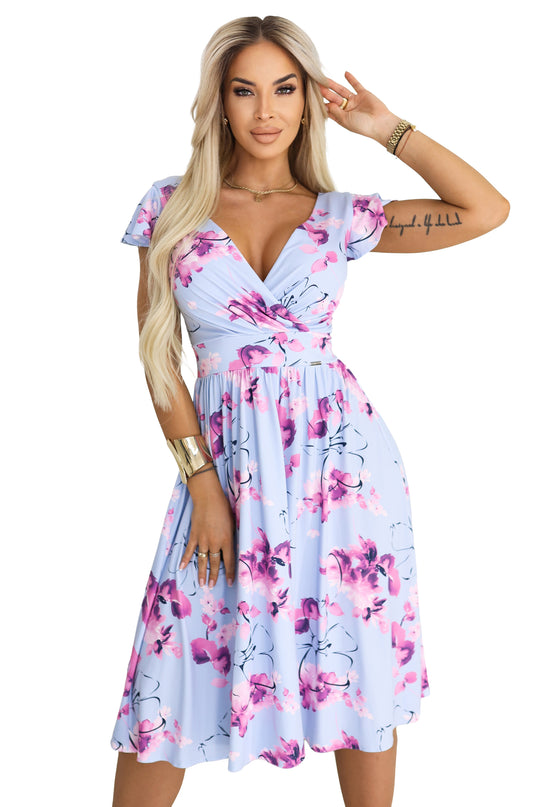 425-14 MATILDE Flared midi dress with wrap neckline and short sleeve - blue with pink flowers