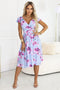 425-14 MATILDE Flared midi dress with wrap neckline and short sleeve - blue with pink flowers