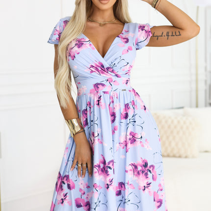 425-14 MATILDE Flared midi dress with wrap neckline and short sleeve - blue with pink flowers
