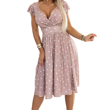 425-16 MATILDE Flared midi dress with a wrap neckline and short sleeves - beige with polka dots