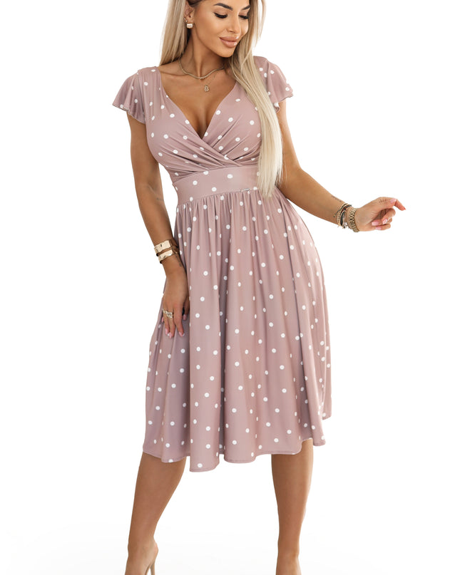 425-16 MATILDE Flared midi dress with a wrap neckline and short sleeves - beige with polka dots