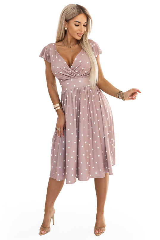 425-16 MATILDE Flared midi dress with a wrap neckline and short sleeves - beige with polka dots
