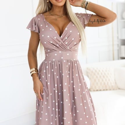 425-16 MATILDE Flared midi dress with a wrap neckline and short sleeves - beige with polka dots