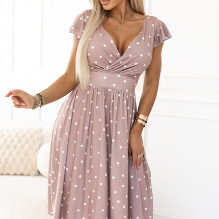 425-16 MATILDE Flared midi dress with a wrap neckline and short sleeves - beige with polka dots