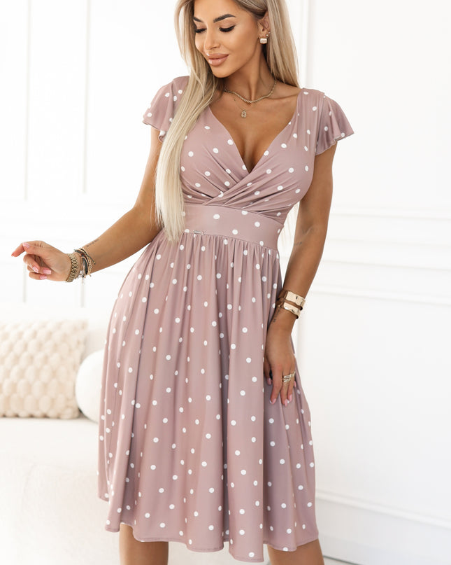 425-16 MATILDE Flared midi dress with a wrap neckline and short sleeves - beige with polka dots
