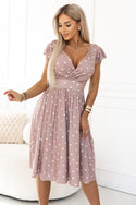 Beige Polka Dot Flared Midi Dress with Wrap Neckline – Matilde