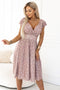 425-16 MATILDE Flared midi dress with a wrap neckline and short sleeves - beige with polka dots