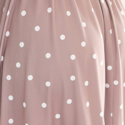 425-16 MATILDE Flared midi dress with a wrap neckline and short sleeves - beige with polka dots