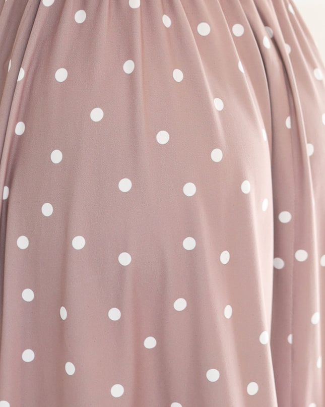 425-16 MATILDE Flared midi dress with a wrap neckline and short sleeves - beige with polka dots