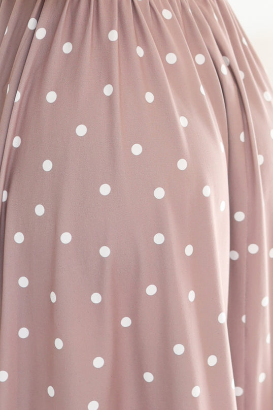 425-16 MATILDE Flared midi dress with a wrap neckline and short sleeves - beige with polka dots