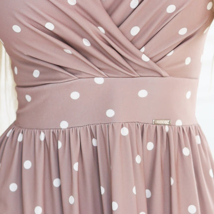 425-16 MATILDE Flared midi dress with a wrap neckline and short sleeves - beige with polka dots