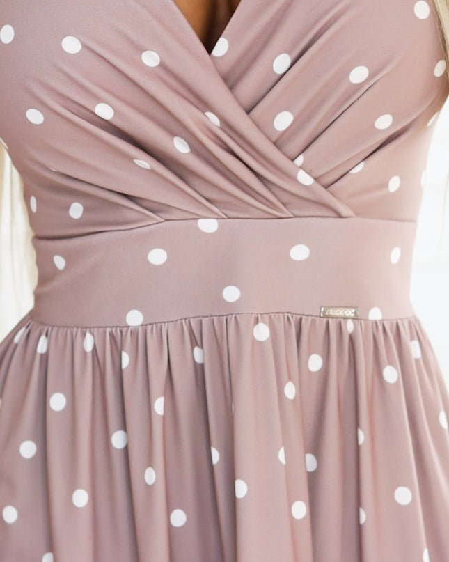 425-16 MATILDE Flared midi dress with a wrap neckline and short sleeves - beige with polka dots