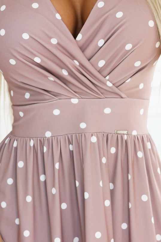 425-16 MATILDE Flared midi dress with a wrap neckline and short sleeves - beige with polka dots