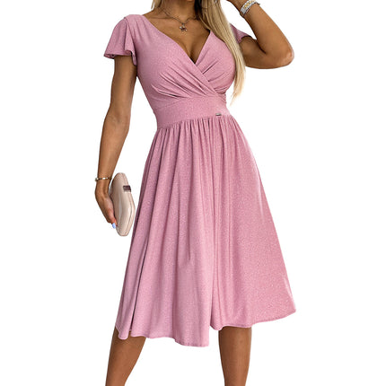 425-2 MATILDE Dress with a neckline and short sleeves - powder pink with glitter