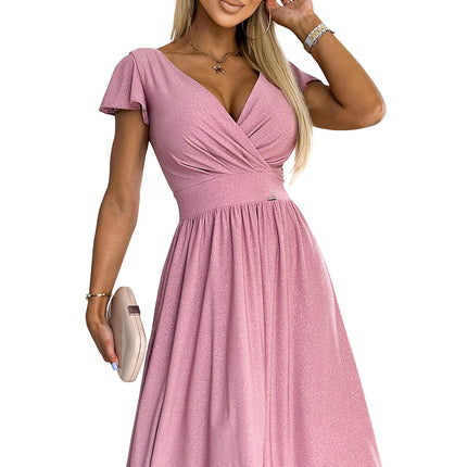 425-2 MATILDE Dress with a neckline and short sleeves - powder pink with glitter