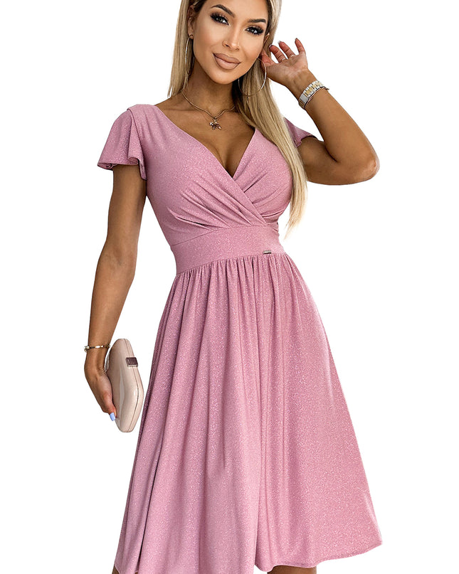 425-2 MATILDE Dress with a neckline and short sleeves - powder pink with glitter