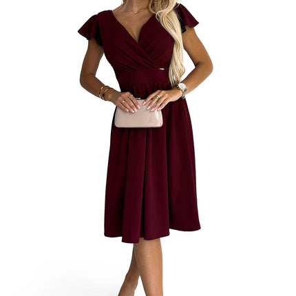 425-4 MATILDE Dress with a neckline and short sleeves - Burgundy color