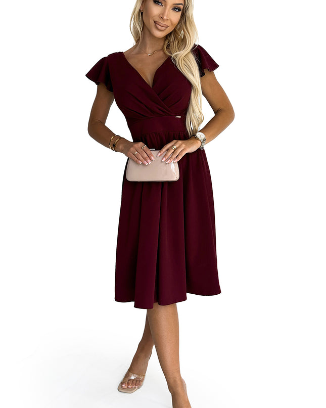 425-4 MATILDE Dress with a neckline and short sleeves - Burgundy color