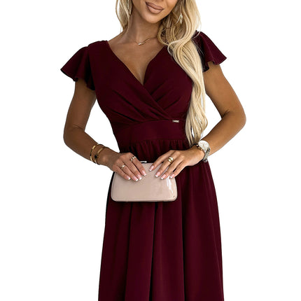 425-4 MATILDE Dress with a neckline and short sleeves - Burgundy color