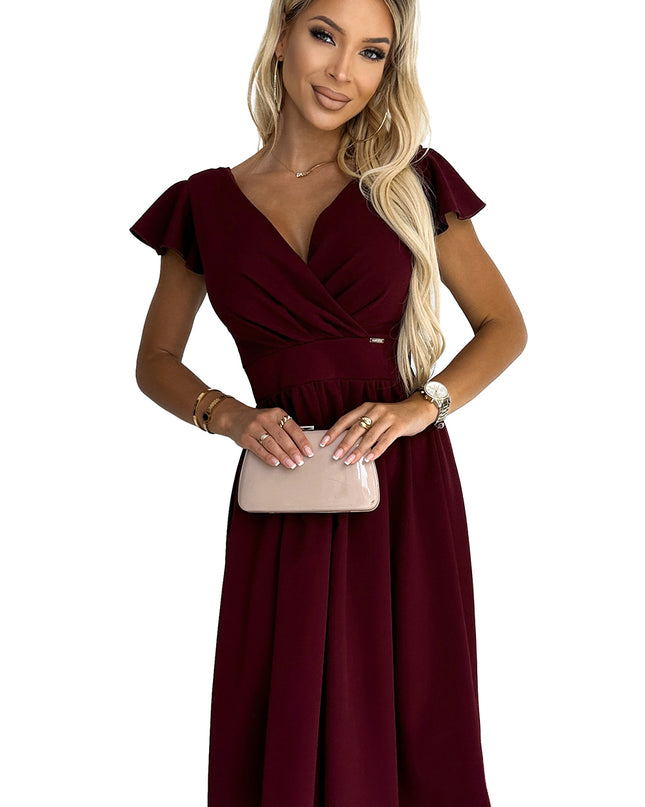 425-4 MATILDE Dress with a neckline and short sleeves - Burgundy color
