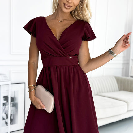 425-4 MATILDE Dress with a neckline and short sleeves - Burgundy color