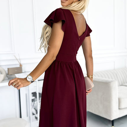 425-4 MATILDE Dress with a neckline and short sleeves - Burgundy color