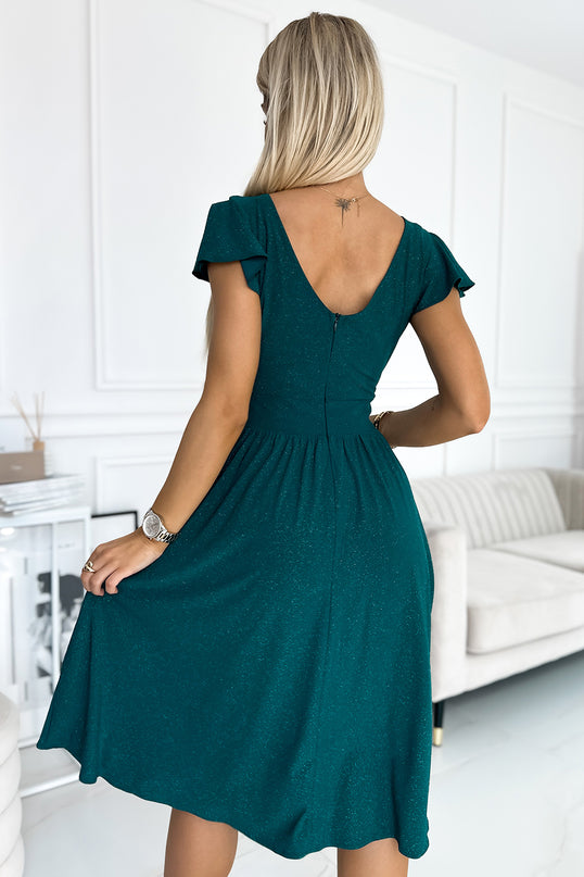 425-6 MATILDE Dress with a neckline and short sleeves - green with glitter