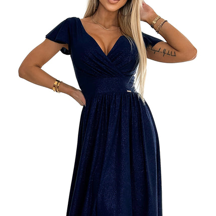 425-8 MATILDE Dress with a neckline and short sleeves - navy blue with glitter