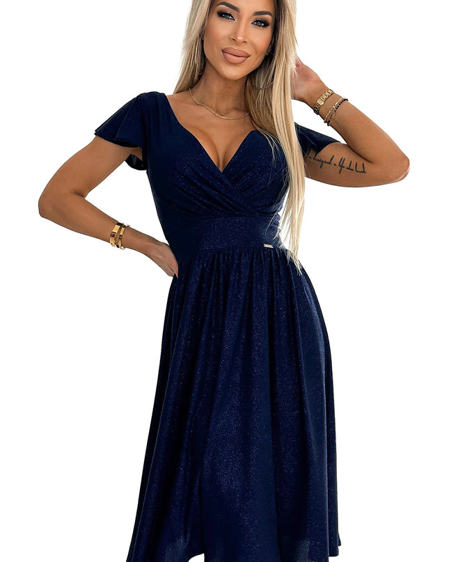 425-8 MATILDE Dress with a neckline and short sleeves - navy blue with glitter