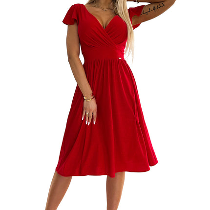 425-9 MATILDE Dress with a neckline and short sleeves - red with glitter