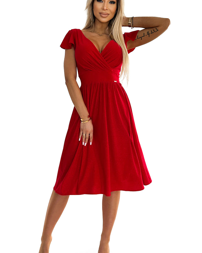 425-9 MATILDE Dress with a neckline and short sleeves - red with glitter
