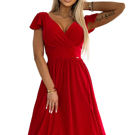 425-9 MATILDE Dress with a neckline and short sleeves - red with glitter