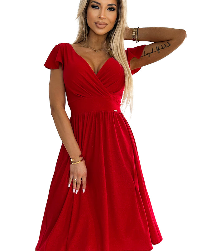 425-9 MATILDE Dress with a neckline and short sleeves - red with glitter