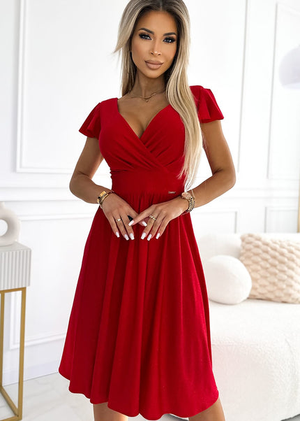 425-9 MATILDE Dress with a neckline and short sleeves - red with glitter
