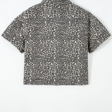 Gray Vintage Leopard Print Short Sleeve Loose Cotton Denim Shirt