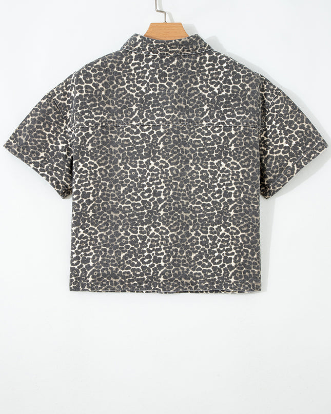 Gray Vintage Leopard Print Short Sleeve Loose Cotton Denim Shirt