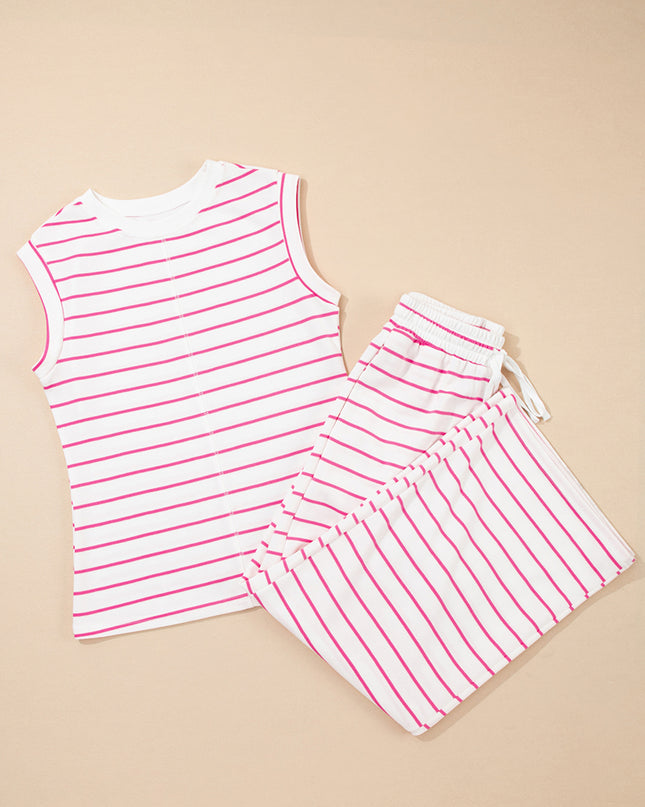 Rose Stripe Casual Wide Leg 2pcs Pants Set