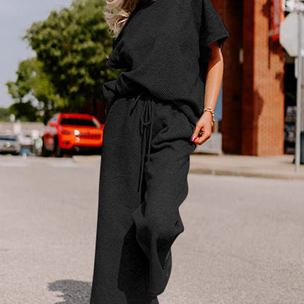Black Textured Loose Fit T Shirt and Drawstring Pants Set