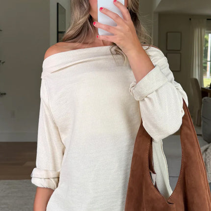 Beige Solid Color Waffle Knit Asymmetric Neck Long Sleeve Top