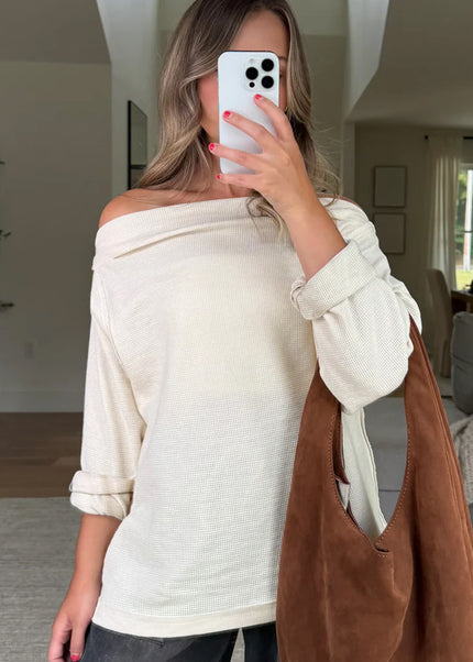 Beige Solid Color Waffle Knit Asymmetric Neck Long Sleeve Top
